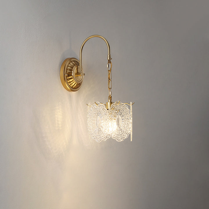 Traditional French Curved Pole Round Flower Leaf Shell Shape Glass Shade Iron 1-Light Wall Sconce Lamp For Living Room