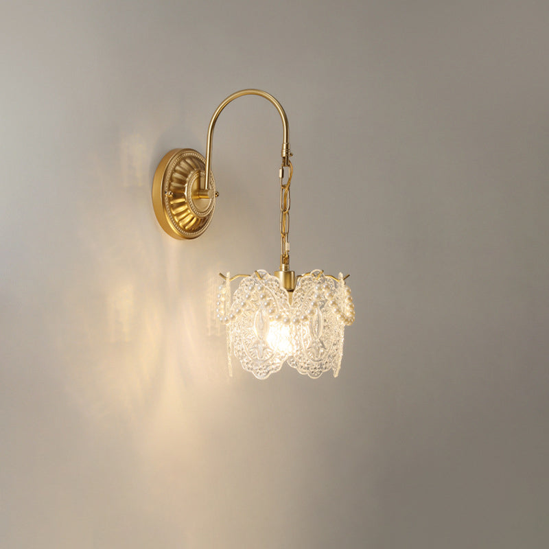Lámpara de pared de 1 luz de hierro con pantalla de vidrio en forma de concha de hoja de flor redonda curva francesa tradicional para sala de estar 