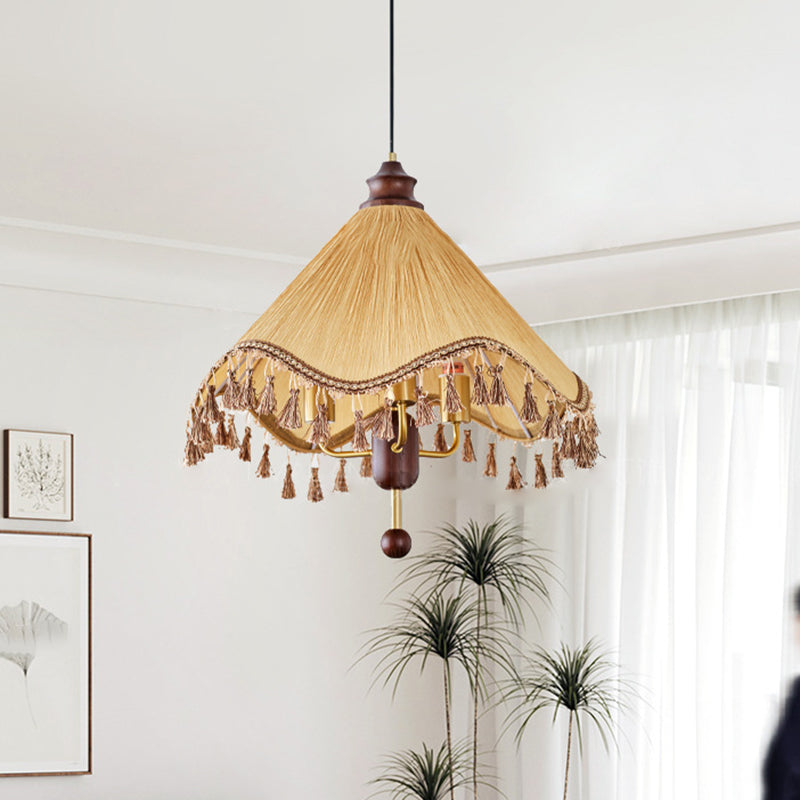Traditional French Triangle Tassel Fabric Shade Wood Iron Frame 3-Light Pendant Light For Living Room