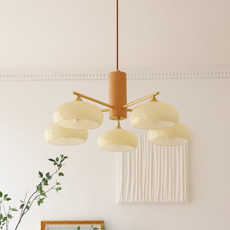 Zeitgenössischer nordischer Cremezweig Ovaler Glasschirm Eisen-Holz-Rahmen 3/5 Licht Kronleuchter für Wohnzimmer 