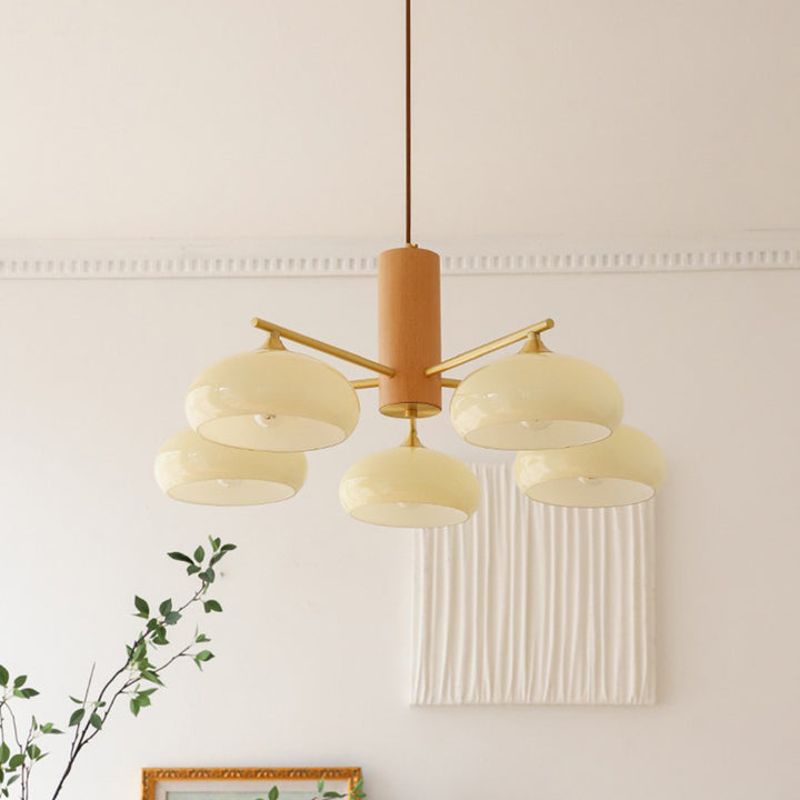 Zeitgenössischer nordischer Cremezweig Ovaler Glasschirm Eisen-Holz-Rahmen 3/5 Licht Kronleuchter für Wohnzimmer 