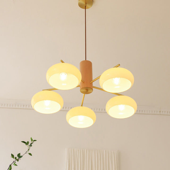 Zeitgenössischer nordischer Cremezweig Ovaler Glasschirm Eisen-Holz-Rahmen 3/5 Licht Kronleuchter für Wohnzimmer 