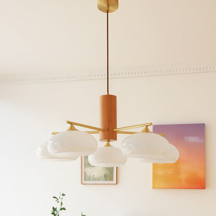Zeitgenössischer nordischer Cremezweig Ovaler Glasschirm Eisen-Holz-Rahmen 3/5 Licht Kronleuchter für Wohnzimmer 