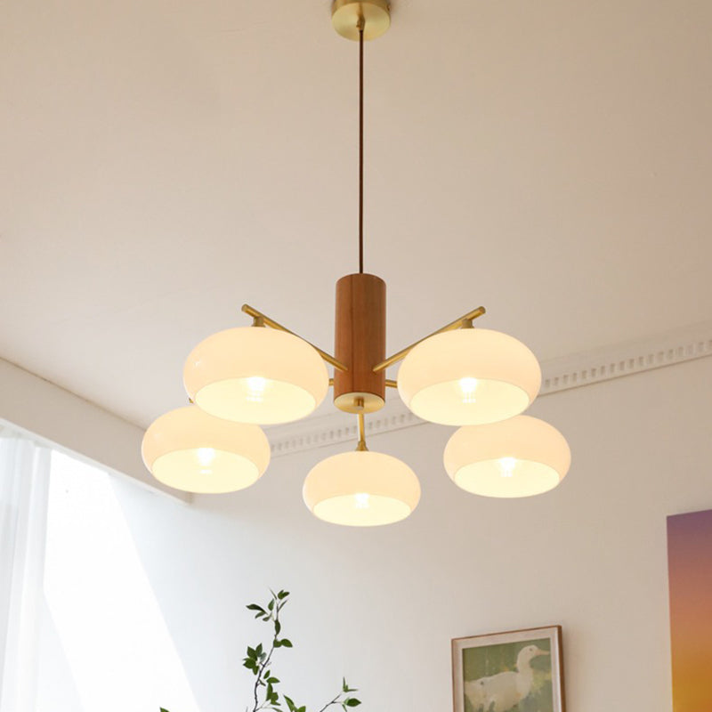 Zeitgenössischer nordischer Cremezweig Ovaler Glasschirm Eisen-Holz-Rahmen 3/5 Licht Kronleuchter für Wohnzimmer 