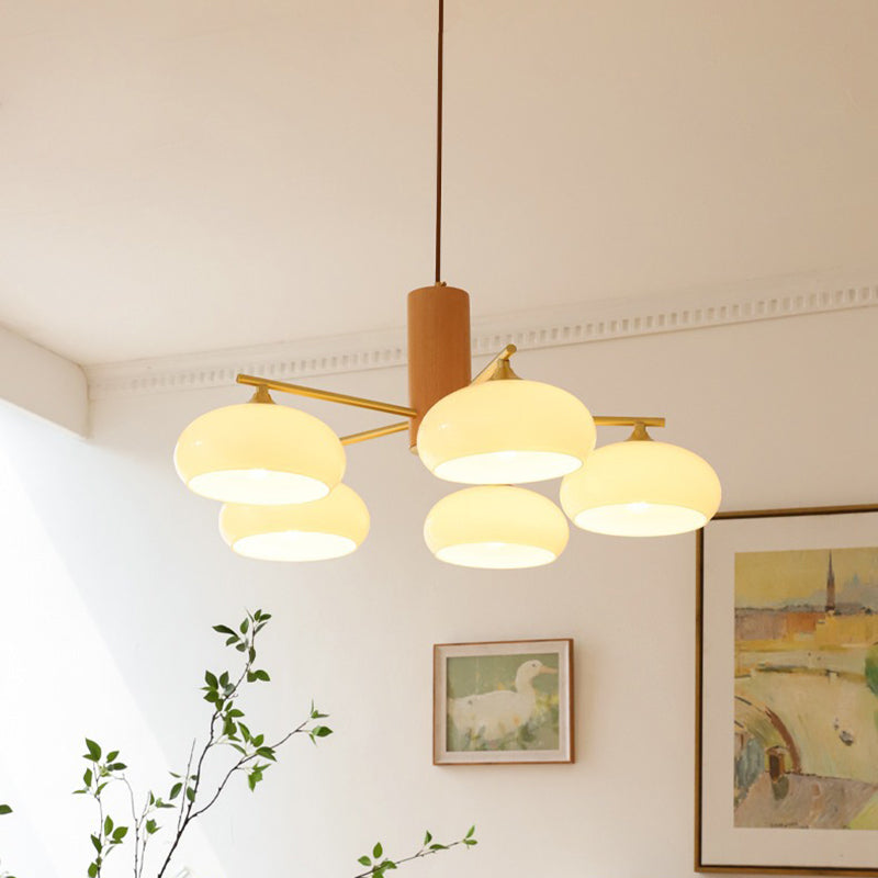 Zeitgenössischer nordischer Cremezweig Ovaler Glasschirm Eisen-Holz-Rahmen 3/5 Licht Kronleuchter für Wohnzimmer 