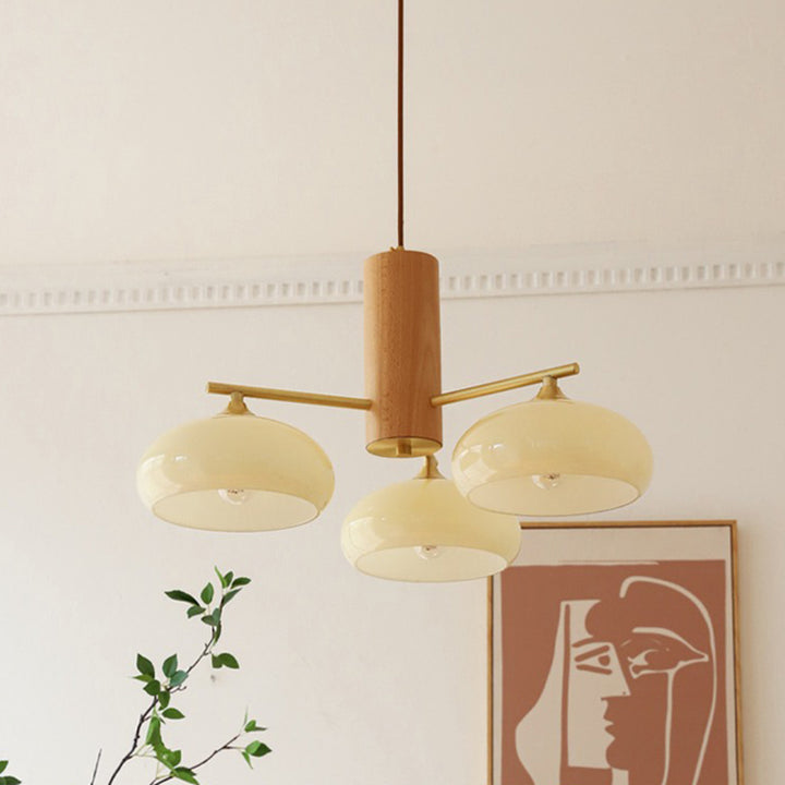 Zeitgenössischer nordischer Cremezweig Ovaler Glasschirm Eisen-Holz-Rahmen 3/5 Licht Kronleuchter für Wohnzimmer 