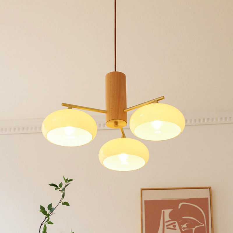 Zeitgenössischer nordischer Cremezweig Ovaler Glasschirm Eisen-Holz-Rahmen 3/5 Licht Kronleuchter für Wohnzimmer 