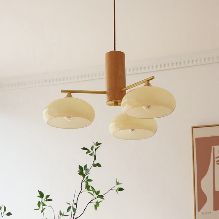 Zeitgenössischer nordischer Cremezweig Ovaler Glasschirm Eisen-Holz-Rahmen 3/5 Licht Kronleuchter für Wohnzimmer 