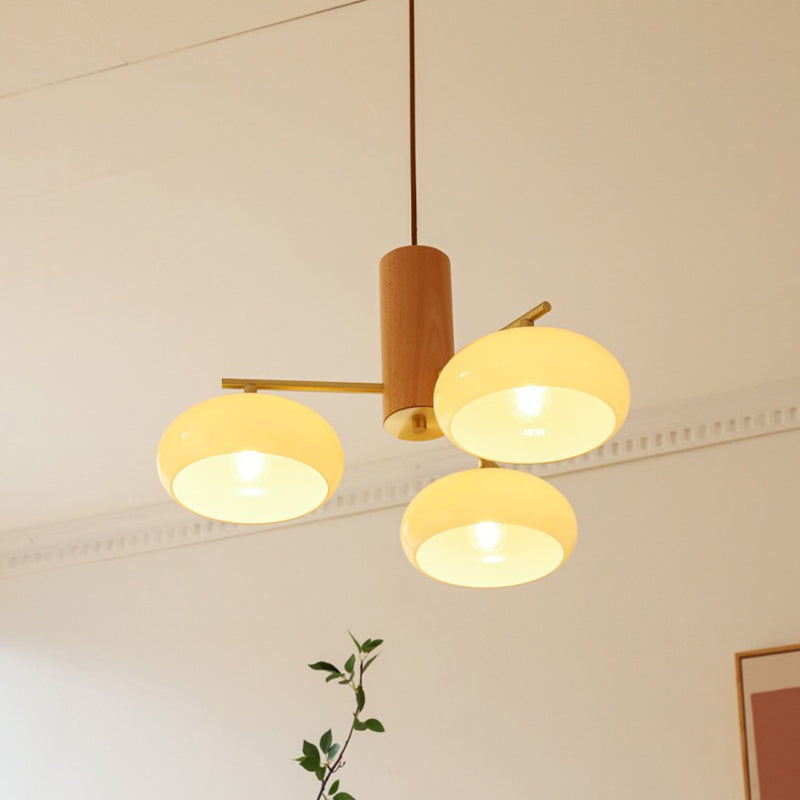 Zeitgenössischer nordischer Cremezweig Ovaler Glasschirm Eisen-Holz-Rahmen 3/5 Licht Kronleuchter für Wohnzimmer 