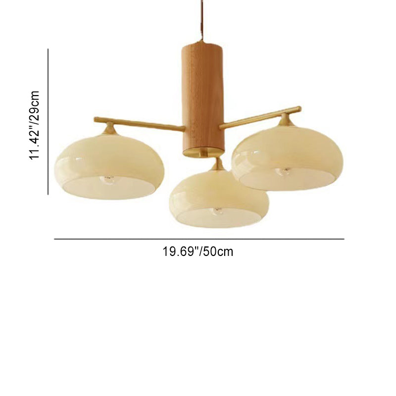 Zeitgenössischer nordischer Cremezweig Ovaler Glasschirm Eisen-Holz-Rahmen 3/5 Licht Kronleuchter für Wohnzimmer 