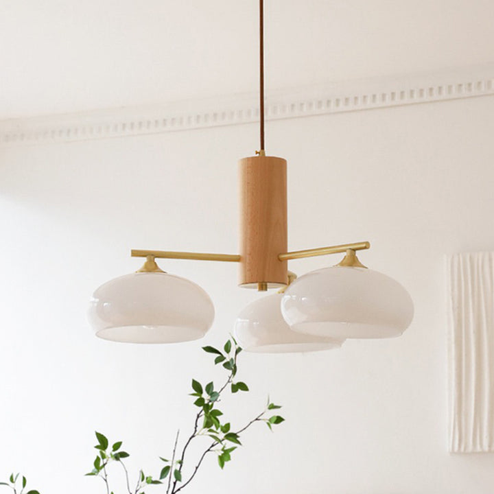 Zeitgenössischer nordischer Cremezweig Ovaler Glasschirm Eisen-Holz-Rahmen 3/5 Licht Kronleuchter für Wohnzimmer 