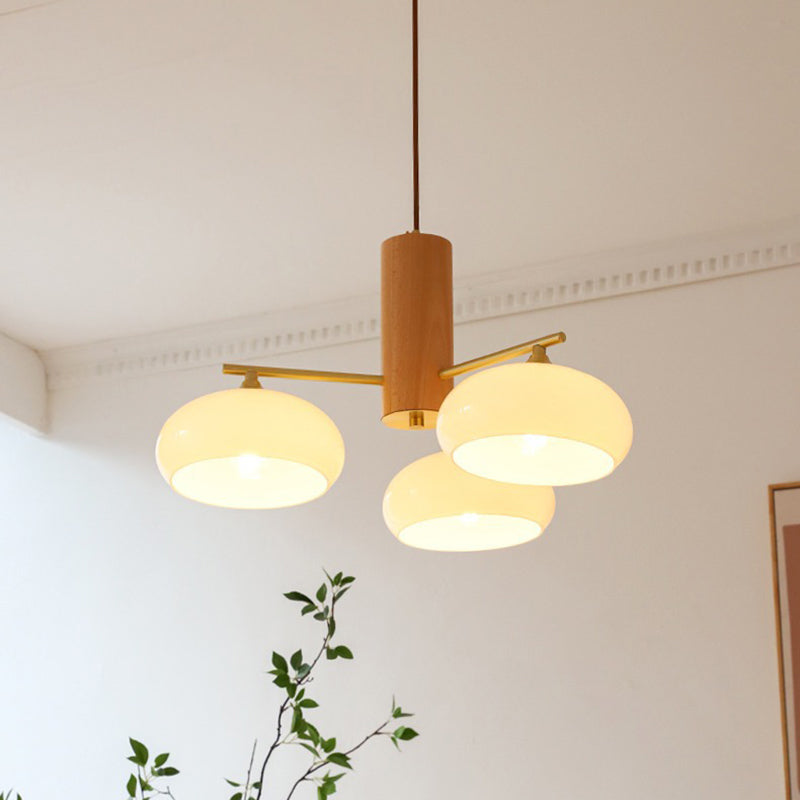 Zeitgenössischer nordischer Cremezweig Ovaler Glasschirm Eisen-Holz-Rahmen 3/5 Licht Kronleuchter für Wohnzimmer 