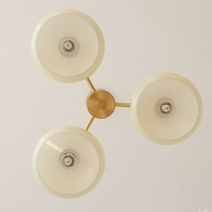 Zeitgenössischer nordischer Cremezweig Ovaler Glasschirm Eisen-Holz-Rahmen 3/5 Licht Kronleuchter für Wohnzimmer 