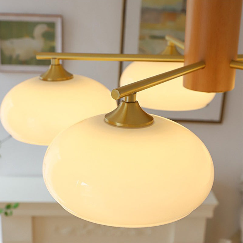 Zeitgenössischer nordischer Cremezweig Ovaler Glasschirm Eisen-Holz-Rahmen 3/5 Licht Kronleuchter für Wohnzimmer 