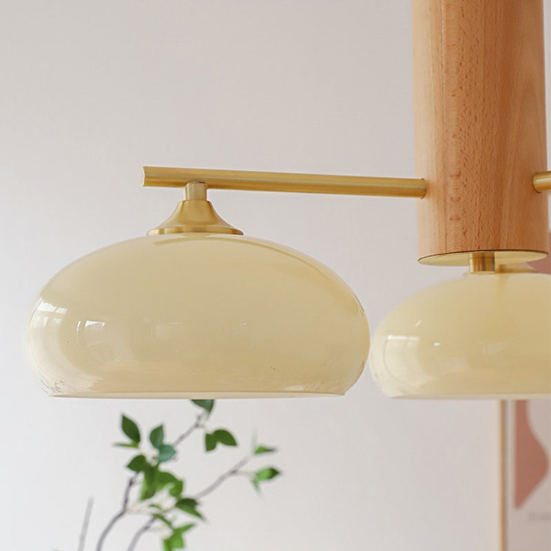 Zeitgenössischer nordischer Cremezweig Ovaler Glasschirm Eisen-Holz-Rahmen 3/5 Licht Kronleuchter für Wohnzimmer 