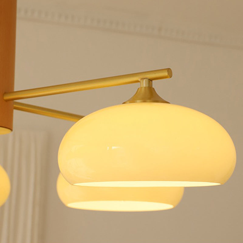 Zeitgenössischer nordischer Cremezweig Ovaler Glasschirm Eisen-Holz-Rahmen 3/5 Licht Kronleuchter für Wohnzimmer 
