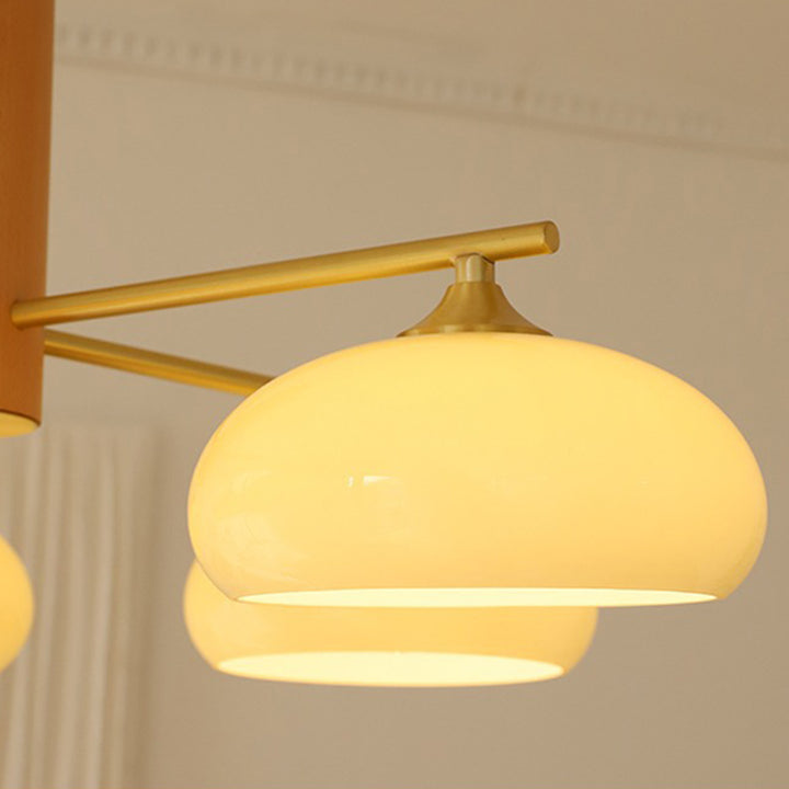 Zeitgenössischer nordischer Cremezweig Ovaler Glasschirm Eisen-Holz-Rahmen 3/5 Licht Kronleuchter für Wohnzimmer 