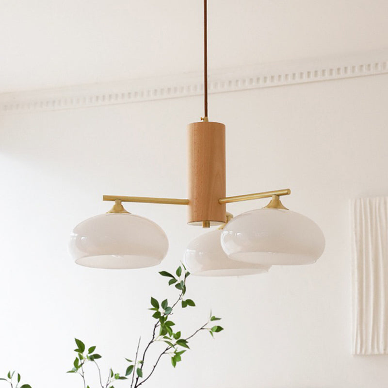 Zeitgenössischer nordischer Cremezweig Ovaler Glasschirm Eisen-Holz-Rahmen 3/5 Licht Kronleuchter für Wohnzimmer 