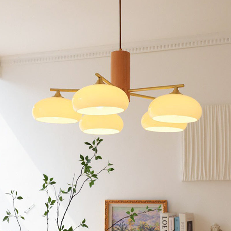Zeitgenössischer nordischer Cremezweig Ovaler Glasschirm Eisen-Holz-Rahmen 3/5 Licht Kronleuchter für Wohnzimmer 