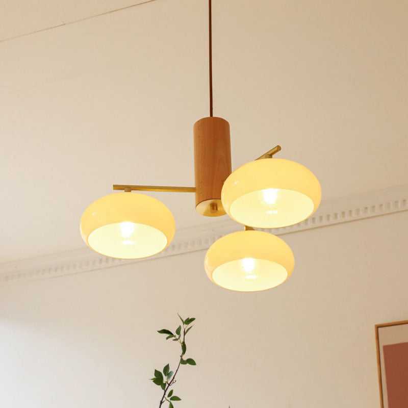 Zeitgenössischer nordischer Cremezweig Ovaler Glasschirm Eisen-Holz-Rahmen 3/5 Licht Kronleuchter für Wohnzimmer 