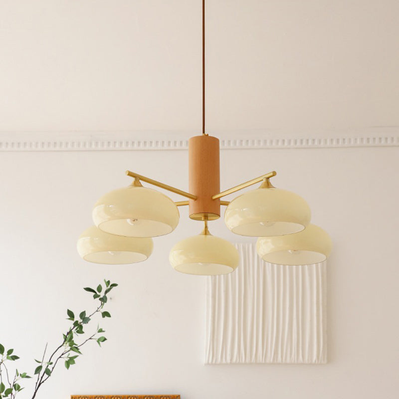 Zeitgenössischer nordischer Cremezweig Ovaler Glasschirm Eisen-Holz-Rahmen 3/5 Licht Kronleuchter für Wohnzimmer 