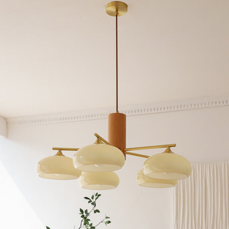 Zeitgenössischer nordischer Cremezweig Ovaler Glasschirm Eisen-Holz-Rahmen 3/5 Licht Kronleuchter für Wohnzimmer 