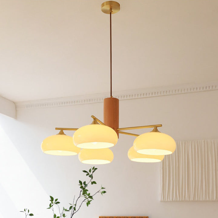 Zeitgenössischer nordischer Cremezweig Ovaler Glasschirm Eisen-Holz-Rahmen 3/5 Licht Kronleuchter für Wohnzimmer 