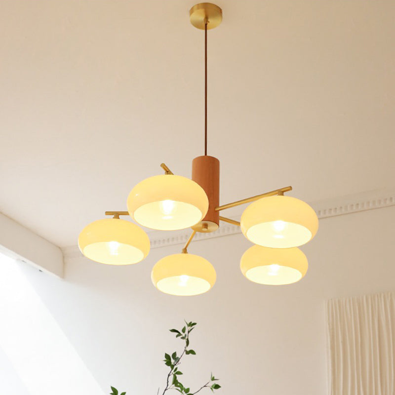 Zeitgenössischer nordischer Cremezweig Ovaler Glasschirm Eisen-Holz-Rahmen 3/5 Licht Kronleuchter für Wohnzimmer 
