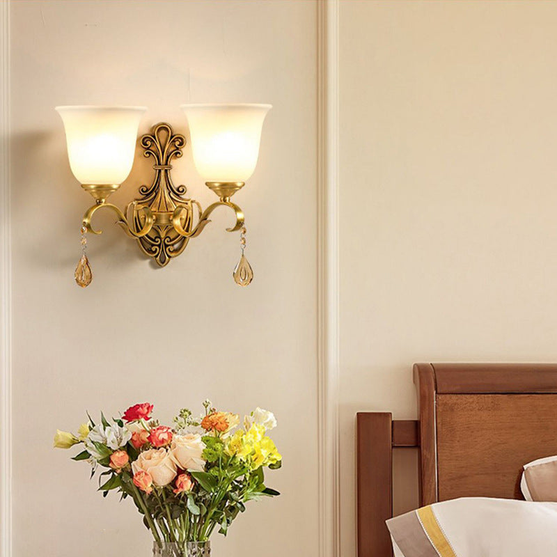 Traditional European Curved Pole Carved Round Cup Shape Brass Crystal Glass 1/2-Light Wall Sconce Lamp For Living Room