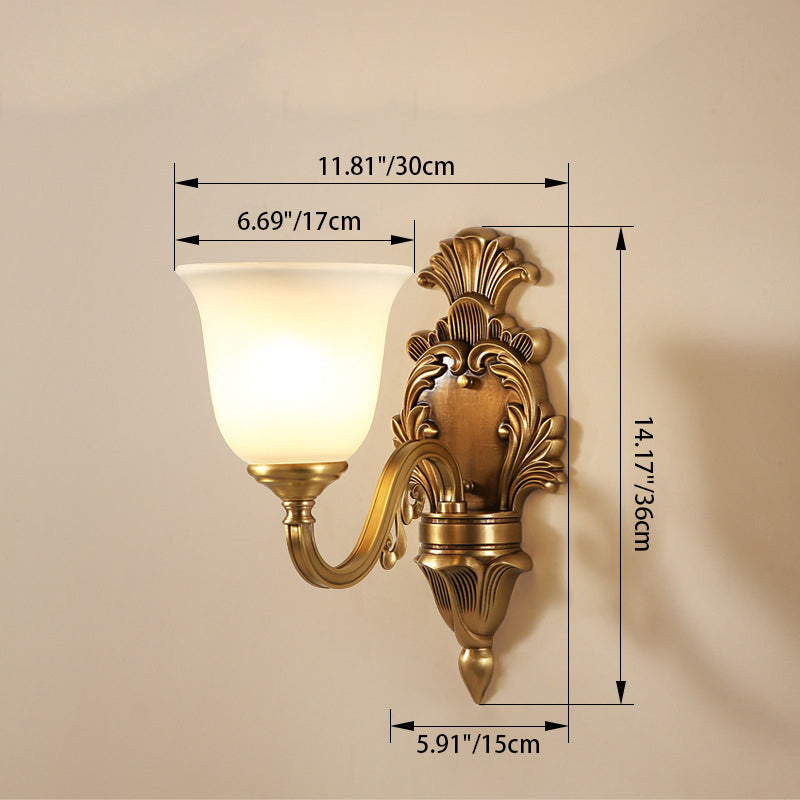 Traditional European Curved Pole Carved Round Cup Shape Brass Crystal Glass 1/2-Light Wall Sconce Lamp For Living Room