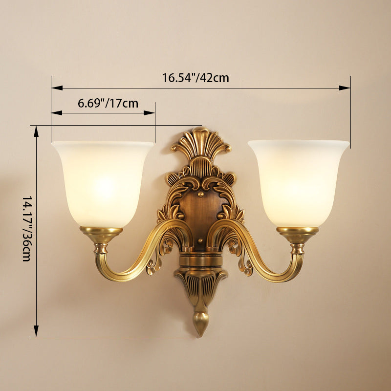 Traditional European Curved Pole Carved Round Cup Shape Brass Crystal Glass 1/2-Light Wall Sconce Lamp For Living Room