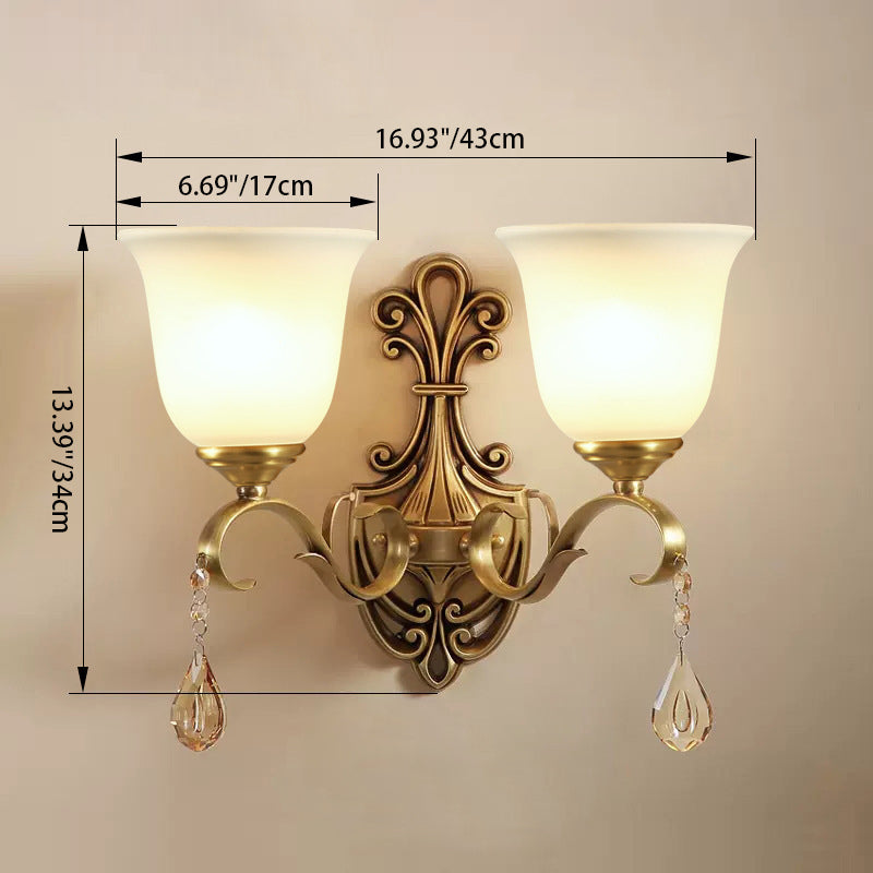 Traditional European Curved Pole Carved Round Cup Shape Brass Crystal Glass 1/2-Light Wall Sconce Lamp For Living Room