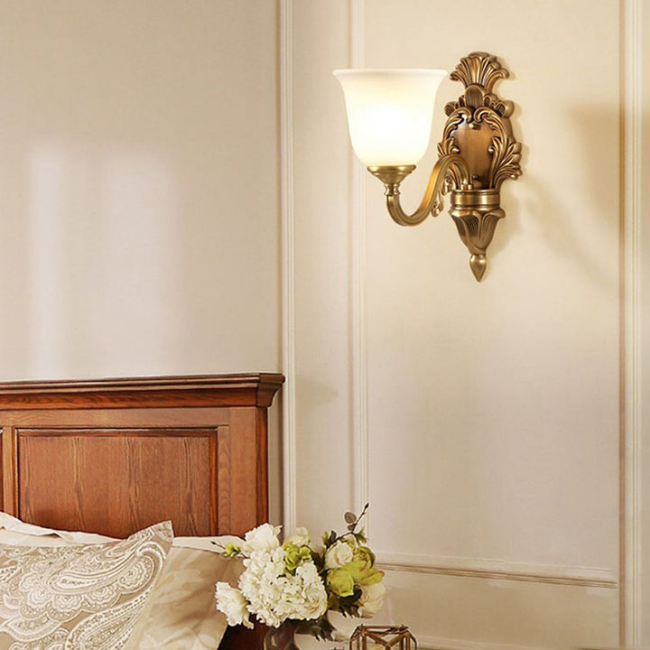 Traditional European Curved Pole Carved Round Cup Shape Brass Crystal Glass 1/2-Light Wall Sconce Lamp For Living Room