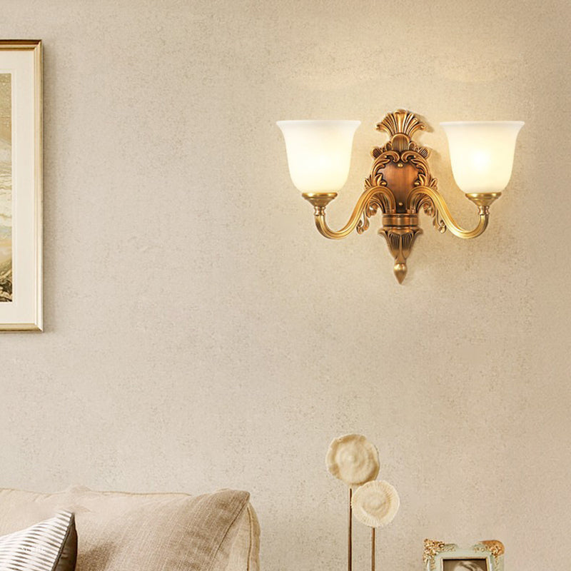 Traditional European Curved Pole Carved Round Cup Shape Brass Crystal Glass 1/2-Light Wall Sconce Lamp For Living Room