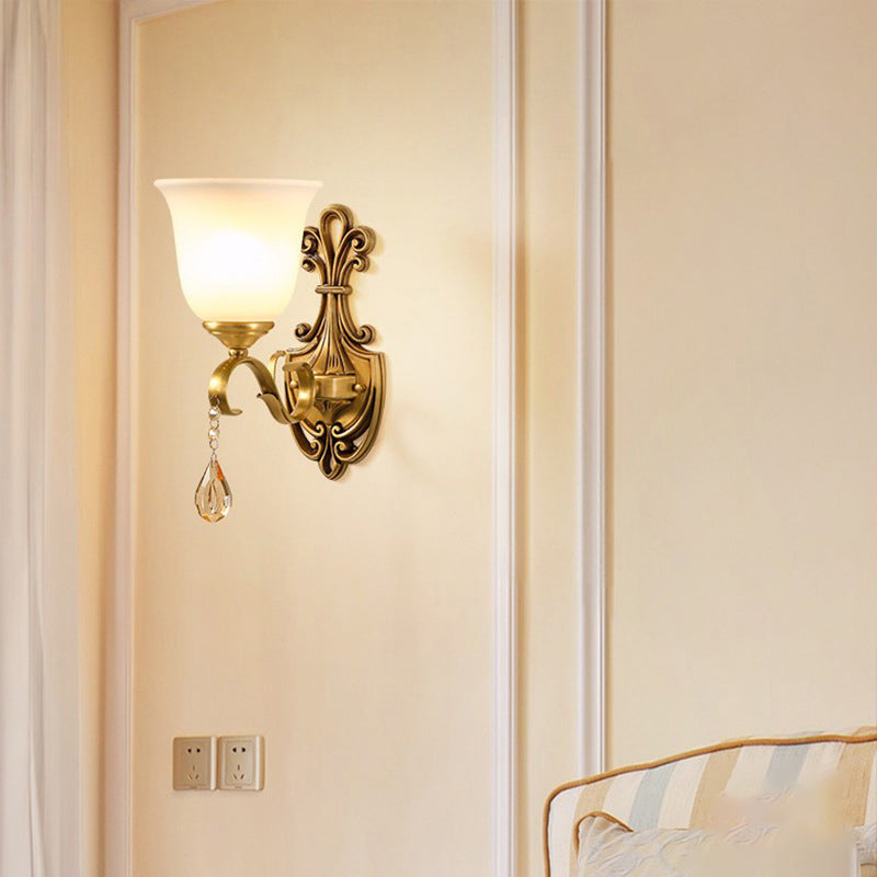 Traditional European Curved Pole Carved Round Cup Shape Brass Crystal Glass 1/2-Light Wall Sconce Lamp For Living Room