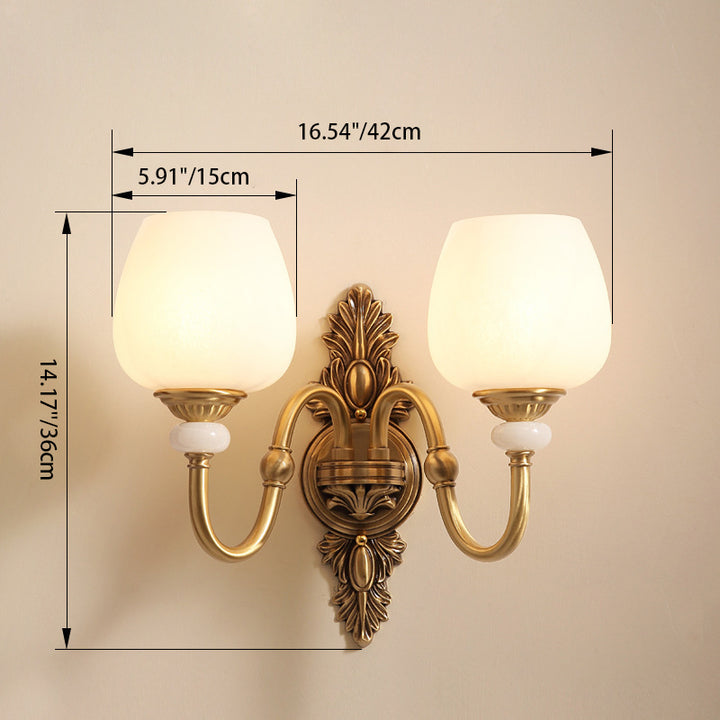 Traditional European Curved Pole Carved Round Leaf Shape Brass Glass 1/2 Light Wall Sconce Lamp For Living Room
