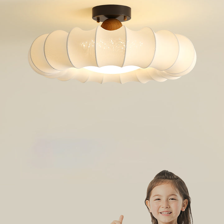 Traditional Vintage Circular Silk Shade Iron Solid Wooden Base LED Semi-Flush Mount Ceiling Light For Bedroom