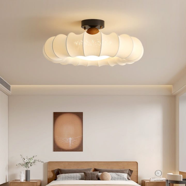 Traditional Vintage Circular Silk Shade Iron Solid Wooden Base LED Semi-Flush Mount Ceiling Light For Bedroom