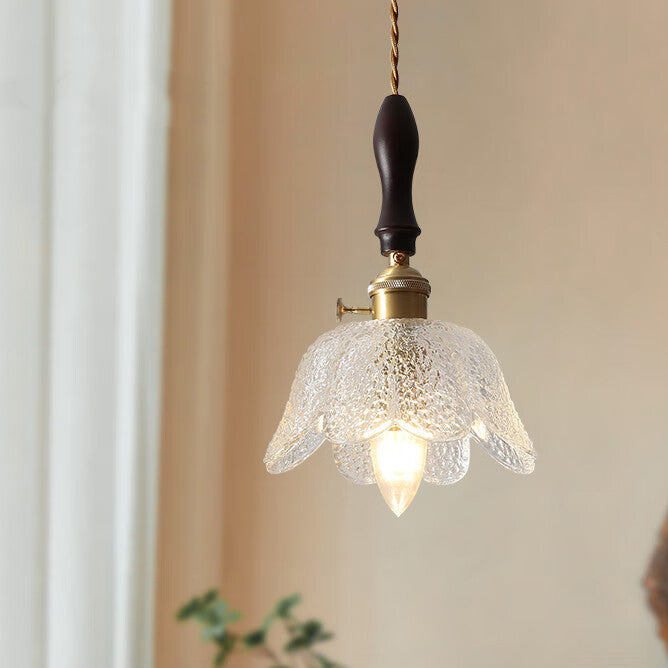 Traditional Vintage Round Pod Glass Shade Full Copper Wood 1-Light Pendant Light For Living Room