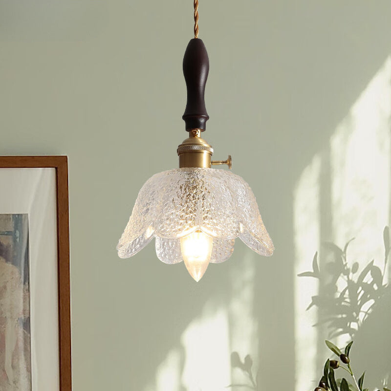 Traditional Vintage Round Pod Glass Shade Full Copper Wood 1-Light Pendant Light For Living Room