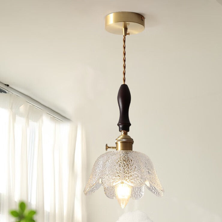 Traditional Vintage Round Pod Glass Shade Full Copper Wood 1-Light Pendant Light For Living Room