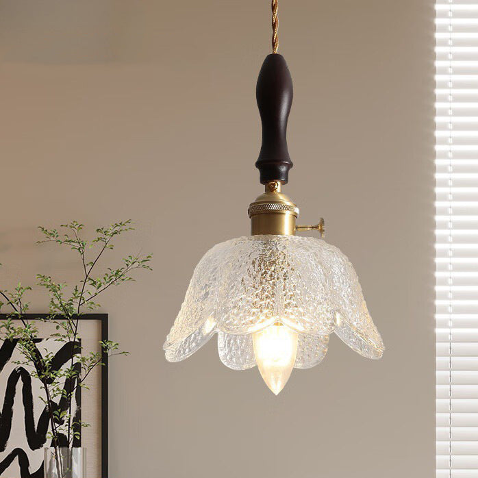 Traditional Vintage Round Pod Glass Shade Full Copper Wood 1-Light Pendant Light For Living Room