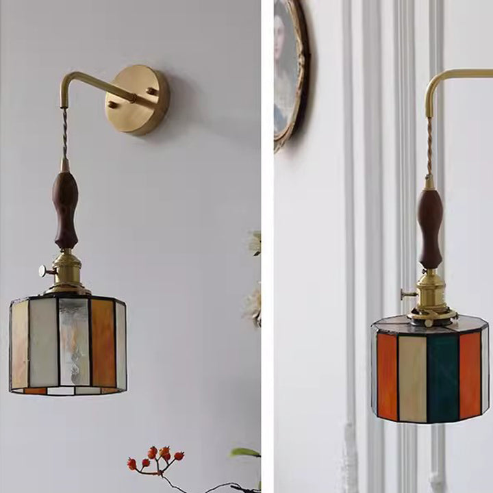 Traditional Vintage Round Trapezoidal Polygonal Brass Stained Glass Shade 1-Light Wall Sconce Lamp For Living Room