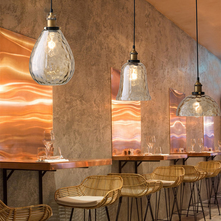 Lámpara colgante contemporánea industrial redonda de vidrio en forma de lágrima de hierro aluminio de 1 luz para sala de estar 