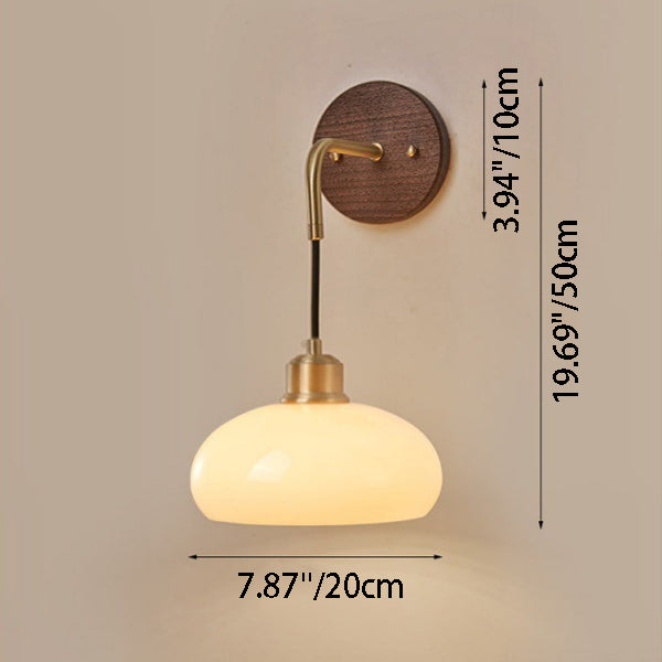 Lámpara de pared de 1 luz con pantalla redonda de vidrio orbe chino tradicional de madera maciza y hierro para dormitorio 