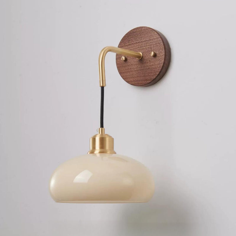 Applique murale 1 lumière en bois massif et fer avec abat-jour rond en verre orbe chinois traditionnel pour chambre à coucher 