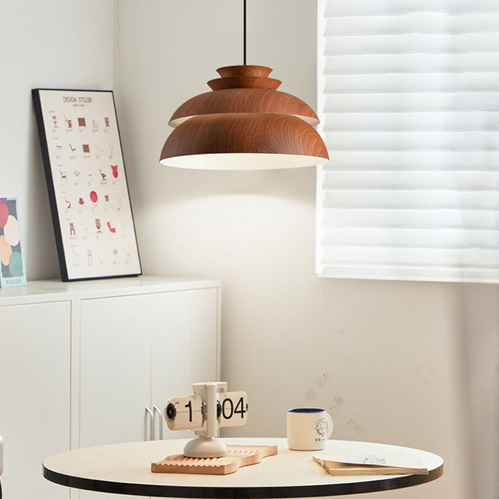Modern Minimalist Multi-Tier Round Wood Grain Iron Shade 1-Light Pendant Light For Living Room