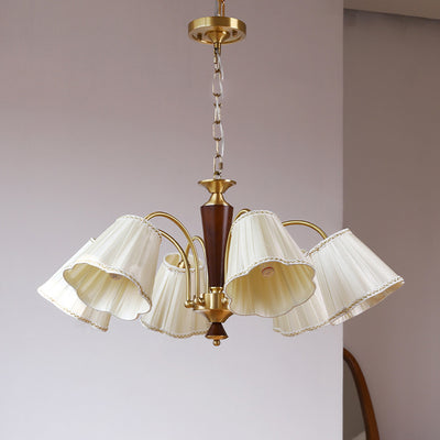 Lámpara de araña de 3/6/8 luces con pantalla de tela a rayas florales, varilla curva de rama francesa tradicional de cobre, madera y hierro para sala de estar 