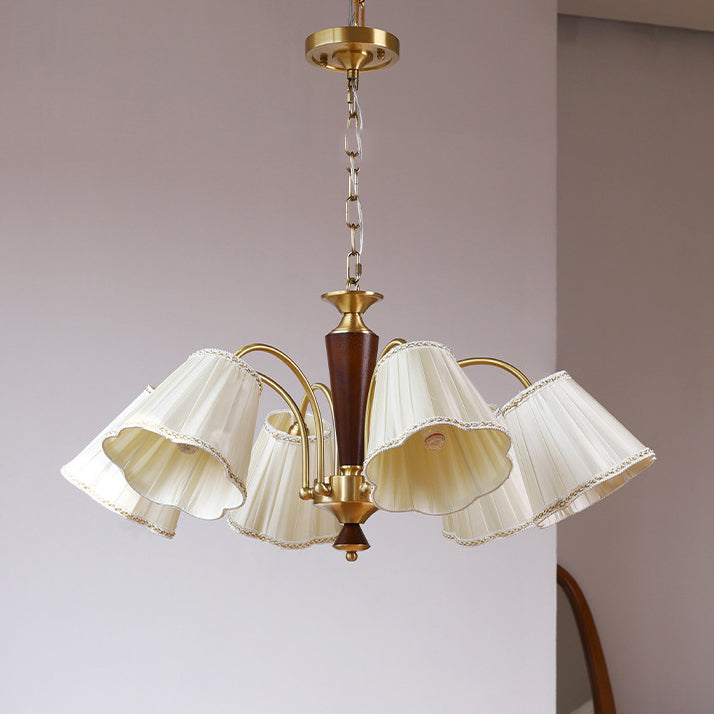 Lámpara de araña de 3/6/8 luces con pantalla de tela a rayas florales, varilla curva de rama francesa tradicional de cobre, madera y hierro para sala de estar 