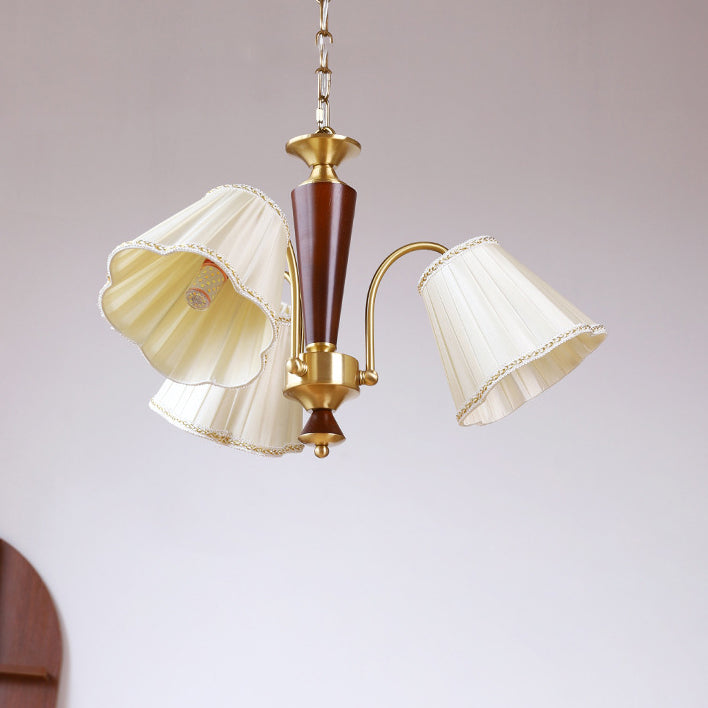 Lámpara de araña de 3/6/8 luces con pantalla de tela a rayas florales, varilla curva de rama francesa tradicional de cobre, madera y hierro para sala de estar 